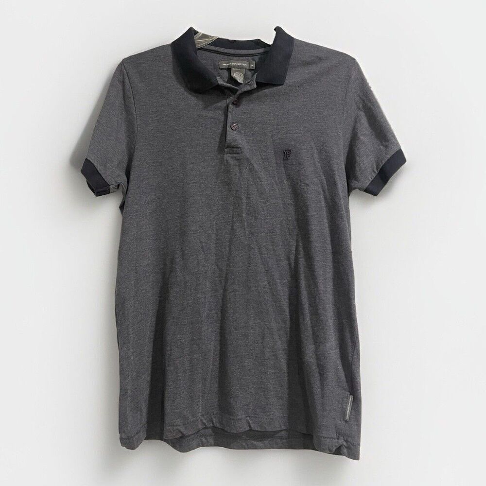 French Connection Polo Shirt Mens Grey Black Collar Short Sleeve F Logo Size Med